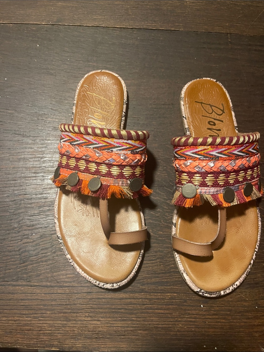 Blowfish Multicolor Boho Fringe Slide Sandals in Orange and Brown - Size 8.5